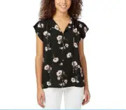 Buffalo Ladies' Flutter Sleeve Floral Top Split Neckline Tie Closure, Black, M