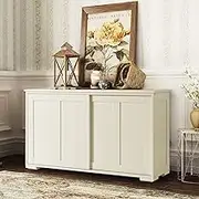 Costway Buffet Table Sideboard Cabinet, Home Storage Cupboard with 2 Sliding Doors & Height Adjustable Shelf, Hallway Side Cabinet Table for Kitchen, Entryway & Bedroom, Creamy White
