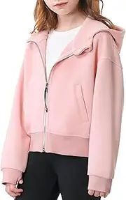 [Rolanko] Girls Zip Up Hoodies Cropped Sweatshirts Long Sleeve Jackets with Pockets Kids Tops Clothes 7-15 Years