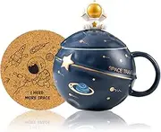 Yalucky Kawaii Astronaut Cup Space Embossed Planet Mug, Cute Ceramic Coffee Mug, Novelty Mug with Lid and Spoon for Coffee, Tea, Milk, Aesthetic Room Decor Funny Gift to Girl Boy Women (Dark Blue)