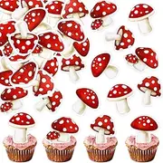 40PCS Edible Red Mushroom Cupcake Toppers Mushroom Cupcake Picks Glutinous Rice Paper Drink Topper for Plant Theme Kids Boy Girl Birthday Party Supplies Decorations