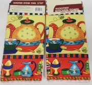 SET OF 2 SAME MICROFIBER PRINTED TOWELS(16"x24")COLORFUL COFFEE CUPS&TEAPOTS,4GM