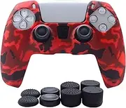 Hikfly Silicone Cover for PS5 Controller Skin Compatible with PS5 Controller Grips,Non-Slip Cover for PlayStation 5 Controller-1x Skins with 8 x Thumb Grip Caps)(Red)