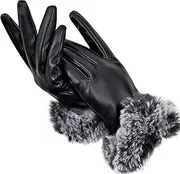 [Leamekor] Womens PU Leather Gloves for Cold Weather, Winter Warm Gloves with Fleece Lining, Touchscreen Rabbit Fur Cuff Party Gloves