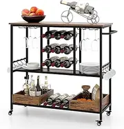 Giantex 3-Tier Bar Cart, Home Serving Cart on Wheels w/Glass Racks, Wine Holders, Hooks & Storage Boxes, Industrial Rolling Beverage Cart with Handle for Kitchen Dining Room Living Room, Rustic Brown