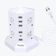 Tower Power Strip USB Surge Protector Socket 6 AC Outlets with 5 USB or 1 USB C PD 25W totals 40W Ports Chargers 2M Long Extension Cord SAA Certified Black (White)