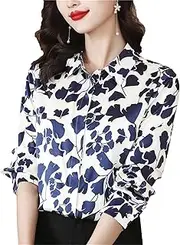 [Hcclijo] Spring Fall Long Sleeve Printed Shirt Tops Women Office Lady Turn Down Collar Satin Satin Blouse