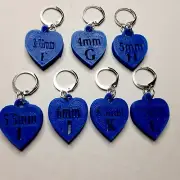 Set of 7 Blue Heart crochet stitch markers with size in mm millimeters letters