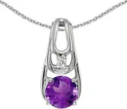 [LXR] 10k White Gold Round Amethyst And Diamond Pendant