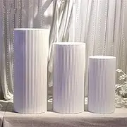 3/5PCS Metal Wedding Plinths Cylinder Pedestal Stand Ripple Cake Dessert Display Corrugated Design Throughout White (3PCS Height（60cm+75cm+90cm）)