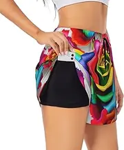 [GaxfjRu] Rainbow Rose Flower Print Women's Running Shorts High Waisted Running Shorts Pocket Sporty Gym Elastic Short