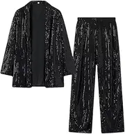[HEYDHSDC] Women's Suit Sequined Suit and Elastic Waist Straight Trousers Two-Piece Set