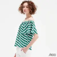 在飛比找momo購物網優惠-【iROO】綠色印花雪紡平口上衣