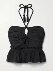 [Ulla Johnson] Ulla Johnson - Adaleigh Cropped Pintucked Cotton-poplin Halterneck Top - Black - US10 US 10 Black