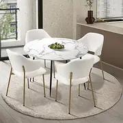 Oikiture Dining Table and Chairs 110cm Round Marble Dining Table Sherpa Dining Chairs Set of 4 Kitchen Chairs for Home and Living Room