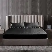 1000TC Ultra Soft Art Silk Satin Fitted Sheet Set Cooling Summer Sheet - No Flat Sheet (Black, Single)