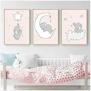 Pink Elephant Moon Canvas Poster Blue Children Baby Girl Nursery Wall Art Picture Painting Nordic Kids Boy Bedroom Decoration 30x40cm3PCS Noframe