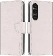 Striped PU Leather Wallet Phone Case Compatible with Sony Xperia 1 V IIII, Slim Magnetic Flip Cover with Card Slots and Stand Function (White)