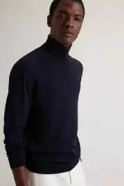 Woolrich Men's Turtleneck Sweater in Pure Merino Virgin Wool Dark Blue Size M