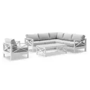 Kansas Package B - Outdoor Aluminium Corner Modular Lounge Set with Arm Chair and Coffee Table White - Textured Olefin Grey