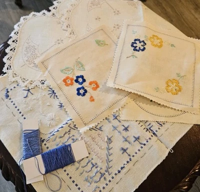 7 Pc.Vintage ANTIQUE Needle Lace Handmade Embroidery Linen LOT TO FINISH
