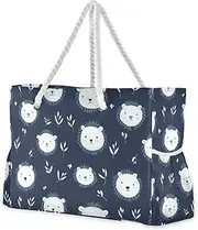 [sanluoli] Cartoon Cute White Bear Sandproof Zipper Tote Bag with side pocketes Beach Bag Sandproof Outdoor for Pool Gym Grocery Travel