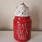 PEACE LOVE & PURRS - Rae Dunn Canister + Cat Lid Cookie Jar Christmas RED