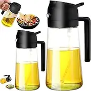 2 Pack Oil Spray Bottle, Sprayer for Cooking, Adjustable Smart Oil Control Tool, 2 in 1 Dispenser Bottle for Kitchen, 16OZ/470ML Premium Glass, For Kitchen Tools, Air Fryer, Salad, and BBQ (Black)