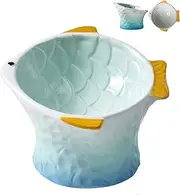 Raised Tilted Ceramic Cat Food Bowl - Cute Fish Shape Elevated Slanted Shallow Angled Cat Dish - Personalized Pet Feeder for Kitty Dry Wet Treats Feeding - Ergonomic Anti Vomiting Whisker Friendly