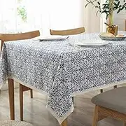AMZALI Vintage Washable Cotton Linen Fabric Navy Damask Pattern Macrame Square Tablecloth Dinner Picnic Table Cloth Home Decorative Table Cover (36 Inch x 36 Inch)