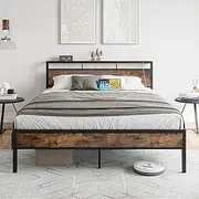 [FOUBAM] Queen Size Bed Frame, Storage Headboard with USB and TypeC Charging Station, Queen Bed Base Metal Platform Bed with Strong Supports,Sturdy and Noise-Free, Easy Assembly, Vintage Brown