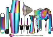 Cocktail Shaker Set - 13-Piece Bar Accessories Kit w/Weighted Boston Shaker, Strainer, Jigger, Muddler,Mixing Spoon and More - Home Bartending Tools, Accessories for Bartender, Rainbow