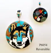 Reversible Handcrafted Galaxy Turquoise Inlay .925 Silver Wolf Medallion Pendant