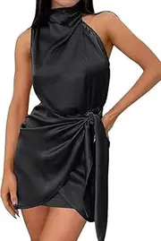 [Generic] Women's Dresses Fashion Satin Sleeveless Halter Neck Tie Waist Wrap Bodycon Cocktail Party Mini Dress