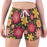 [GuoChe] High Waisted Running Shorts Colorful Floral Wild Flowers Red Yellow High Waisted Running Shorts Loose Work Out Shorts