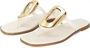 [Wnshonzy] Flip-Flops for Women Thong Sandals Flat Black Slip on Slides Leather Beach Comfort Open Square Toe Ladies Slipper Dressy Metal Hardware Decoration Summer Shoes Casual Fashion