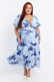 Blue Floral Midi Dress Puff Sleeve Cut Out Tiered