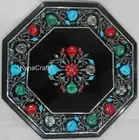 Multicolor Gemstone Inlay Work Kitchen Side Table Black Marble Coffee Table Top