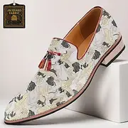 Men's Floral Jacquard Slip-On Loafers with Tassel Detail - Premium Embroidered Shoes for Semi-Formal and Casual Outings
