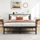 Queen Bed Frame with Wood Storage Headboard, Metal Platform Bed Frame Queen Size