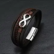 Braided Leather Mens Bracelet Infinity Symbol Stainless Steel Clasp