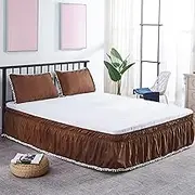 Liveinu Wrap Around Bed Skirt, Elastic Dust Ruffled 16 Inch Drop, with Adjustable Elastic Belt, Easy to Install, Brown