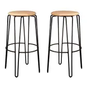 Set of 2 - Storo Bar Stool 75cm - Black Frame - Natural Timber Seat