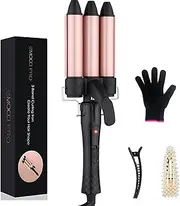 Curling Iron 3 Barrels Beach Waves Wave Iron Large Curls Mermaid Wave Iron with Clamp Curling Iron for Short Long Hair Hair Care Set (25 mm, Black)