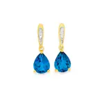 9ct Gold London Blue Topaz & Diamond Stud Earrings in Blue