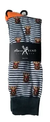 Marc Ecko Men's Shoe Size 6-12 Green Striped Teddy Bear Dress Socks 1 Pair NWT
