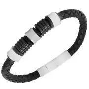 Stainless Steel Black Leather Silver-Tone Mens Bangle Bracelet with Clasp