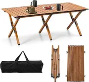 KAIHAOWIN Aluminum Folding Camping Table, Portable Foldable Picnic Table, Outdoor Lightweight Collapsible Camp Table, Roll-up Camping Table for Beach,Party, Patio, BBQ, Travel, Backyard (Brown)