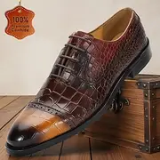 Men's Dress Shoes Crocodile Pattern Walking Leather Suede Italian Full-Grain Cowhide Slip Resistant Lace-up Wine