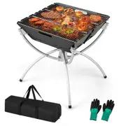 Costway 3-in-1 Outdoor Fire Pit Portable Campfire Grill Charcoal Wood Burning Stove w/Carry Bag & Gloves Outdoor Cooking